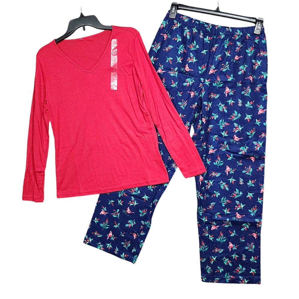 Charter Club Pajama Set Long Sleeve V Neck Top Flannel Bottoms Holly Bird Small‎